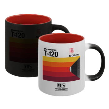 VHS sony dynamicron T-120, Κούπα Μαγική εσωτερικό κόκκινο, κεραμική, 330ml που αλλάζει χρώμα με το ζεστό ρόφημα (1 τεμάχιο)