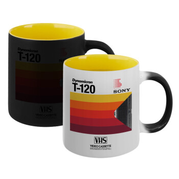 VHS sony dynamicron T-120, Κούπα Μαγική εσωτερικό κίτρινη, κεραμική 330ml που αλλάζει χρώμα με το ζεστό ρόφημα (1 τεμάχιο)