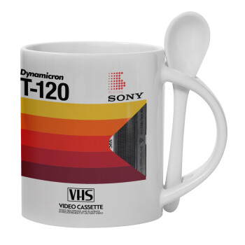 VHS sony dynamicron T-120, Ceramic coffee mug with Spoon, 330ml (1pcs)