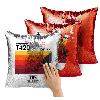 VHS sony dynamicron T-120, Μαξιλάρι καναπέ Μαγικό Κόκκινο με πούλιες 40x40cm περιέχεται το γέμισμα