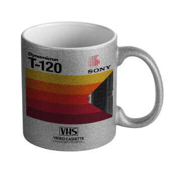 VHS sony dynamicron T-120, Κούπα Ασημένια Glitter που γυαλίζει, κεραμική, 330ml