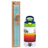 Easter Set, Children's thermal stainless steel bottle with safety straw, green/blue (350ml) & aromatic flat Easter candle (30cm) (TURQUOISE)