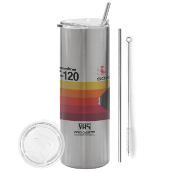 VHS sony dynamicron T-120, Eco friendly stainless steel Silver tumbler 600ml, with metal straw & cleaning brush