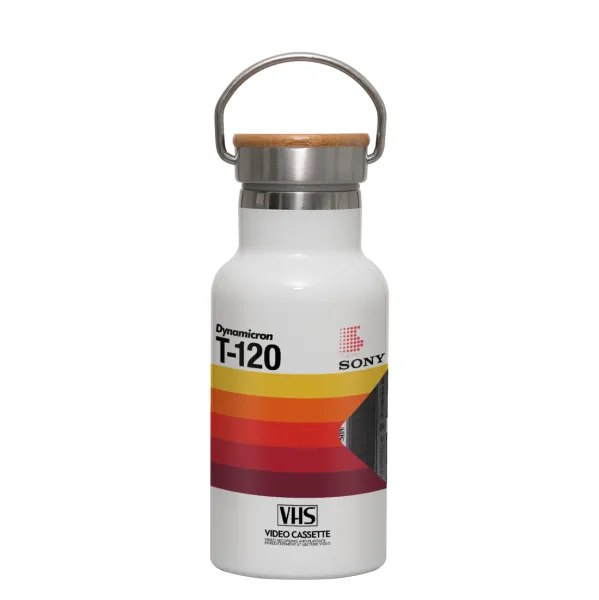 VHS sony dynamicron T-120 — Metallic thermos (Stainless steel) White with wooden lid (bamboo), double-walled, 350ml