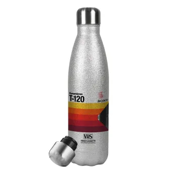 VHS sony dynamicron T-120, Μεταλλικό παγούρι θερμός Glitter Aσημένιο (Stainless steel), διπλού τοιχώματος, 500ml