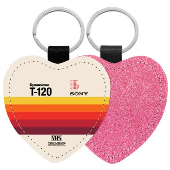 VHS sony dynamicron T-120, Μπρελόκ PU δερμάτινο glitter καρδιά ΡΟΖ