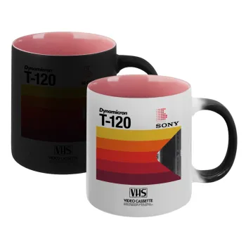 VHS sony dynamicron T-120, Κούπα Μαγική εσωτερικό ΡΟΖ, κεραμική 330ml που αλλάζει χρώμα με το ζεστό ρόφημα