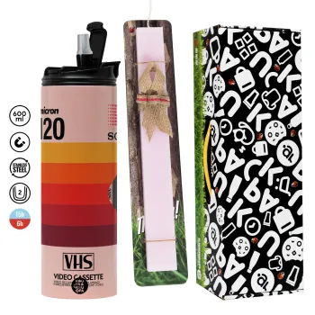 VHS sony dynamicron T-120, Πασχαλινή Λαμπάδα με  ΡΟΖ Travel Tumbler θερμό (600ml, BPA free) & κερί αρωματικό πλακέ (30cm) (ΡΟΖ)