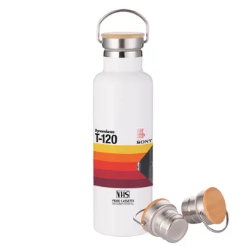 VHS sony dynamicron T-120, Μεταλλικό παγούρι θερμός (Stainless steel) Λευκό με ξύλινο καπάκι (bamboo), διπλού τοιχώματος, 750ml