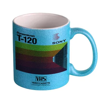 VHS sony dynamicron T-120, Κούπα Σιέλ Glitter που γυαλίζει, κεραμική, 330ml