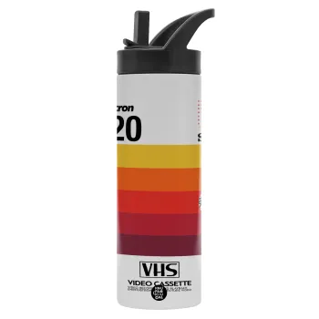 VHS sony dynamicron T-120, Μεταλλικό παγούρι θερμός με καλαμάκι & χειρολαβή, ανοξείδωτο ατσάλι (Stainless steel 304), διπλού τοιχώματος, 600ml