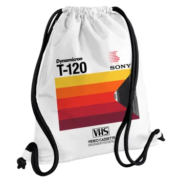 VHS sony dynamicron T-120, Τσάντα πλάτης πουγκί GYMBAG λευκή, με τσέπη (40x48cm) & χονδρά κορδόνια