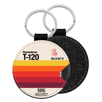 VHS sony dynamicron T-120, Μπρελόκ Δερματίνη, στρογγυλό ΜΑΥΡΟ (5cm)