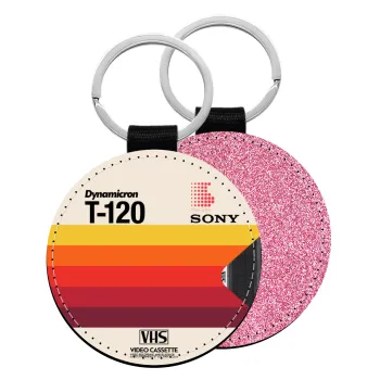 VHS sony dynamicron T-120, Μπρελόκ Δερματίνη, στρογγυλό ΡΟΖ (5cm)