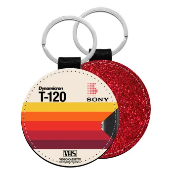 VHS sony dynamicron T-120, Μπρελόκ Δερματίνη, στρογγυλό ΚΟΚΚΙΝΟ (5cm)