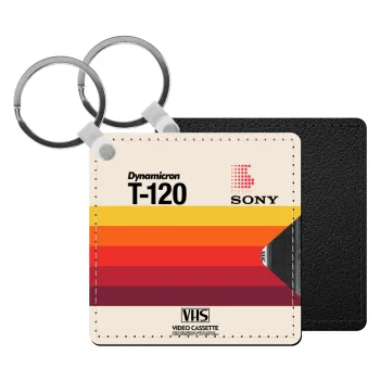 VHS sony dynamicron T-120, Μπρελόκ Δερματίνη, τετράγωνο ΜΑΥΡΟ (5x5cm)