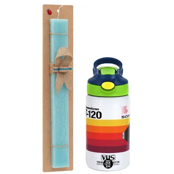 VHS sony dynamicron T-120, Easter Set, Children's thermal stainless steel bottle with safety straw, green/blue (350ml) & aromatic flat Easter candle (30cm) (TURQUOISE)