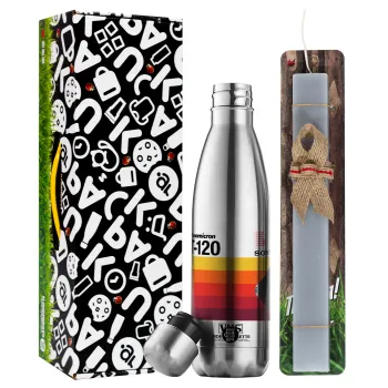 VHS sony dynamicron T-120, Easter Set, metallic stainless thermos flask (500ml) & scented flat Easter candle (30cm) (GRAY)