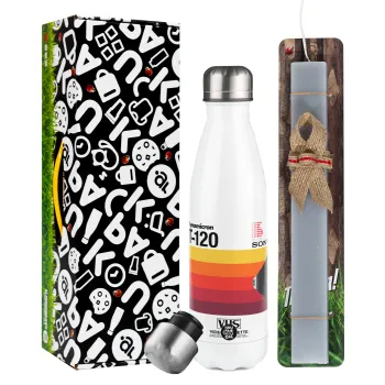 VHS sony dynamicron T-120, Easter candle, metallic white thermos bottle (500ml) & aromatic flat candle (30cm) (GRAY)
