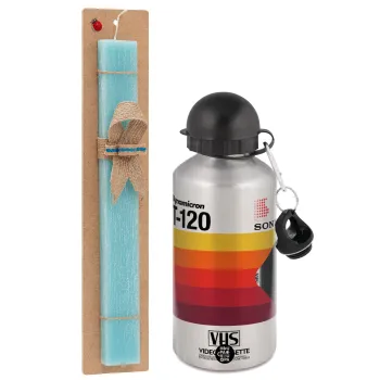 VHS sony dynamicron T-120, Easter Set, metallic silver aluminum water bottle (500ml) & scented flat Easter candle (30cm) (TURQUOISE)