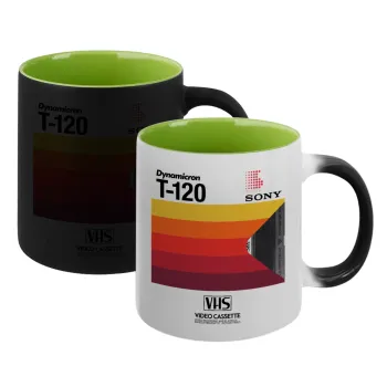VHS sony dynamicron T-120, Κούπα Μαγική εσωτερικό πράσινο, κεραμική 330ml που αλλάζει χρώμα με το ζεστό ρόφημα