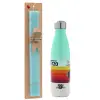 Easter Set, Metallic green/white thermos (Stainless steel), double-walled, 500ml & scented flat Easter candle (30cm) (TURQUOISE)