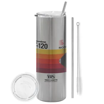 VHS sony dynamicron T-120, Tumbler stainless steel Silver 600ml, with metal straw & cleaning brush