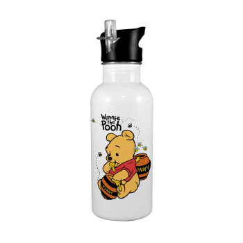 Winnie the Pooh, White water bottle with straw, stainless steel 600ml