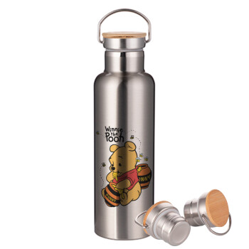 Winnie the Pooh, Stainless steel Silver with wooden lid (bamboo), double wall, 750ml