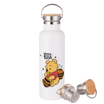 Winnie the Pooh, Stainless steel White with wooden lid (bamboo), double wall, 750ml