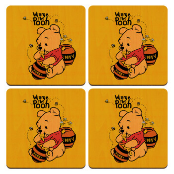 Γουίνι το Αρκουδάκι , ΣΕΤ x4 Σουβέρ ξύλινα τετράγωνα plywood (9cm)