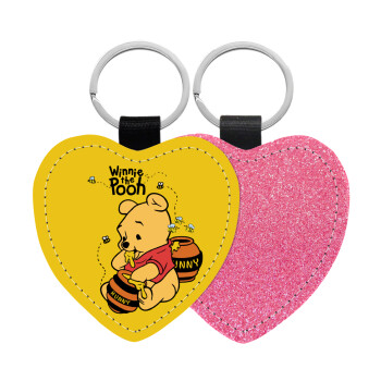 Winnie the Pooh, Μπρελόκ PU δερμάτινο glitter καρδιά ΡΟΖ