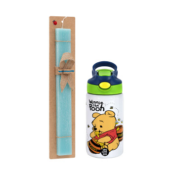 Winnie the Pooh, Easter Set, Children's thermal stainless steel bottle with safety straw, green/blue (350ml) & aromatic flat Easter candle (30cm) (TURQUOISE)