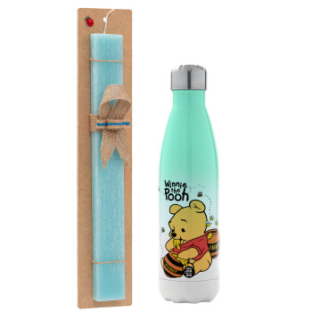 Winnie the Pooh, Easter Set, Metallic green/white thermos (Stainless steel), double-walled, 500ml & scented flat Easter candle (30cm) (TURQUOISE)