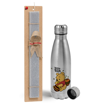 Winnie the Pooh, Easter Set, metallic Inox water bottle (750ml) & aromatic flat Easter candle (30cm) (GRAY)
