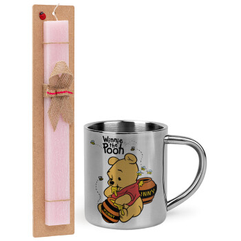 Winnie the Pooh, Πασχαλινό Σετ, μεταλλική κούπα θερμό (300ml) & πασχαλινή λαμπάδα αρωματική πλακέ (30cm) (ΡΟΖ)