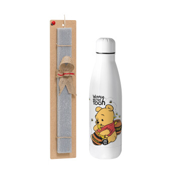 Winnie the Pooh, Easter Set, metallic stainless thermos bottle (500ml) & scented flat Easter candle (30cm) (GRAY)