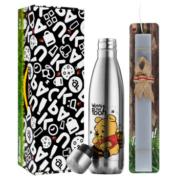 Winnie the Pooh, Easter Set, metallic stainless thermos flask (500ml) & scented flat Easter candle (30cm) (GRAY)