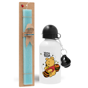 Winnie the Pooh, Easter Set, metallic aluminum water bottle (500ml) & scented flat candle (30cm) (TURQUOISE)