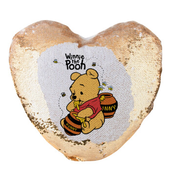Winnie the Pooh, Μαξιλάρι καναπέ καρδιά Μαγικό Χρυσό με πούλιες 40x40cm περιέχεται το  γέμισμα