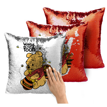 Winnie the Pooh, Μαξιλάρι καναπέ Μαγικό Κόκκινο με πούλιες 40x40cm περιέχεται το γέμισμα