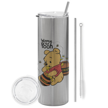 Winnie the Pooh, Eco friendly stainless steel Silver tumbler 600ml, with metal straw & cleaning brush