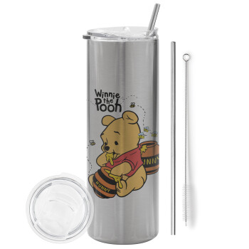 Winnie the Pooh, Tumbler stainless steel Silver 600ml, with metal straw & cleaning brush
