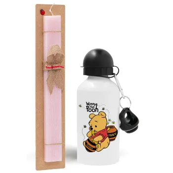 Γουίνι το Αρκουδάκι , Πασχαλινή Λαμπάδα με παγούρι μεταλλικό αλουμινίου (500ml) & κερί αρωματικό πλακέ (30cm) (ΡΟΖ)