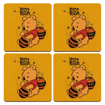 Γουίνι το Αρκουδάκι , ΣΕΤ x4 Σουβέρ ξύλινα τετράγωνα plywood (9cm)
