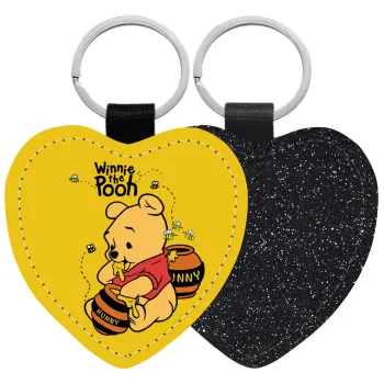 Winnie the Pooh, Μπρελόκ PU δερμάτινο glitter καρδιά ΜΑΥΡΟ