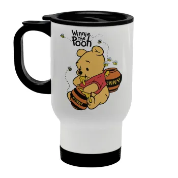 Γουίνι το Αρκουδάκι , Κούπα ταξιδιού ανοξείδωτη με καπάκι, διπλού τοιχώματος (θερμό) λευκή 450ml