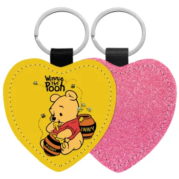 Γουίνι το Αρκουδάκι , Μπρελόκ PU δερμάτινο glitter καρδιά ΡΟΖ