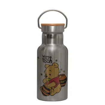 Winnie the Pooh, Stainless steel metallic thermos flask, silver with a bamboo lid, double-walled, 350ml.