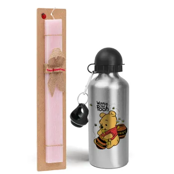 Winnie the Pooh, Easter Set, metallic Silver aluminum water bottle (500ml) & scented flat Easter candle (30cm) (PINK)